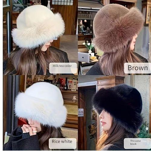 Chapeau d'hiver en faux fourrure élégant pour femmes - Casquette mongole épaisse et chaude avec protection des oreilles, design minimaliste tendance en crème/marron/blanc/noir — image 2